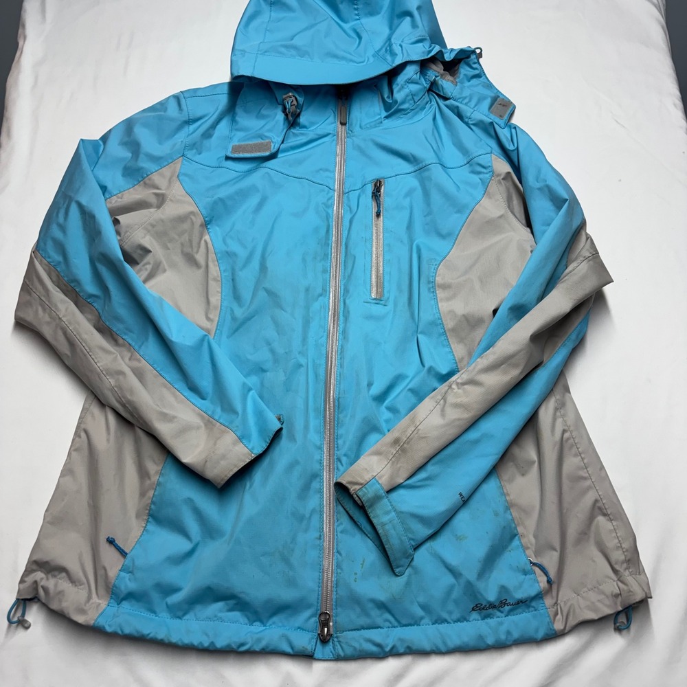 Eddie Bauer WeatherEdge Rain Jacket Womens XL Blue Grey Hooded Windbreaker Coat
